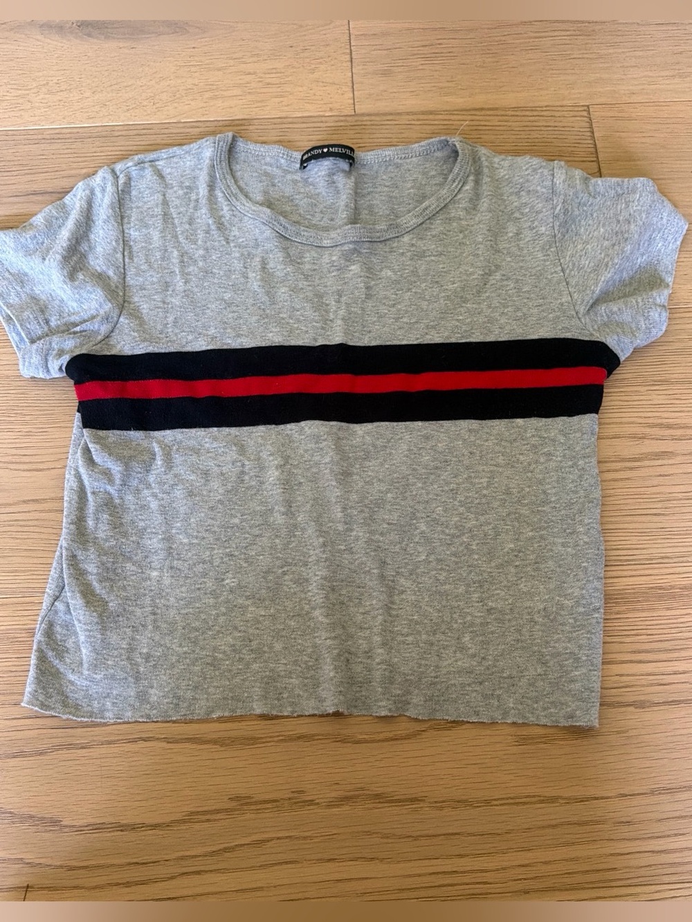 Brandy Melville Grey Tee with Black and Red Chest Stripe